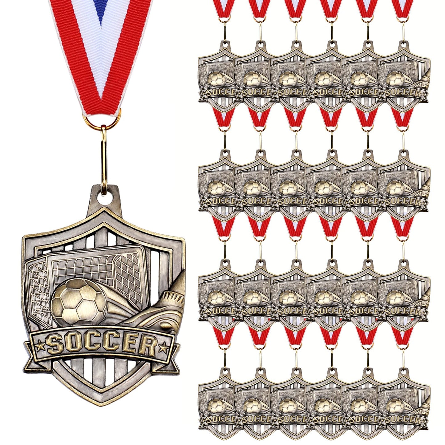 Cunno 24 Pcs Soccer Award Medals Gold Medals Bulk 2 Inch Soccer Trophy Medal with Neck Ribbons for Team Sports Participation Tournaments Prize Gift League School Awards