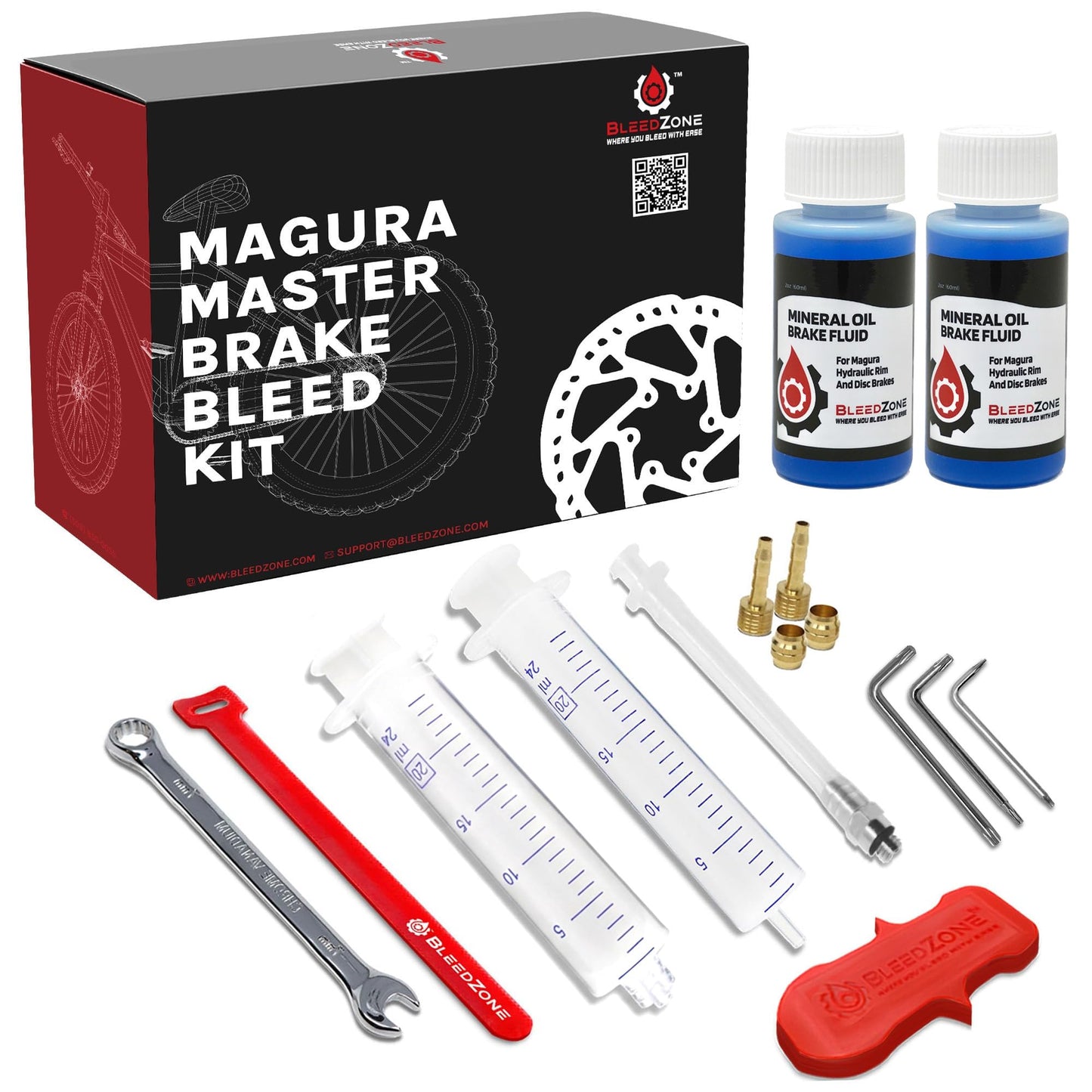 BleedZone Magura Brake Bleed Kit for Hydraulic Disc Brakes with 2X 60ml Mineral Oil Brake Fluid, 20ml Syringes & Hose Fittings, MT Series Compatible, Easy MTB Bleed Kit for Hydraulic Brakes