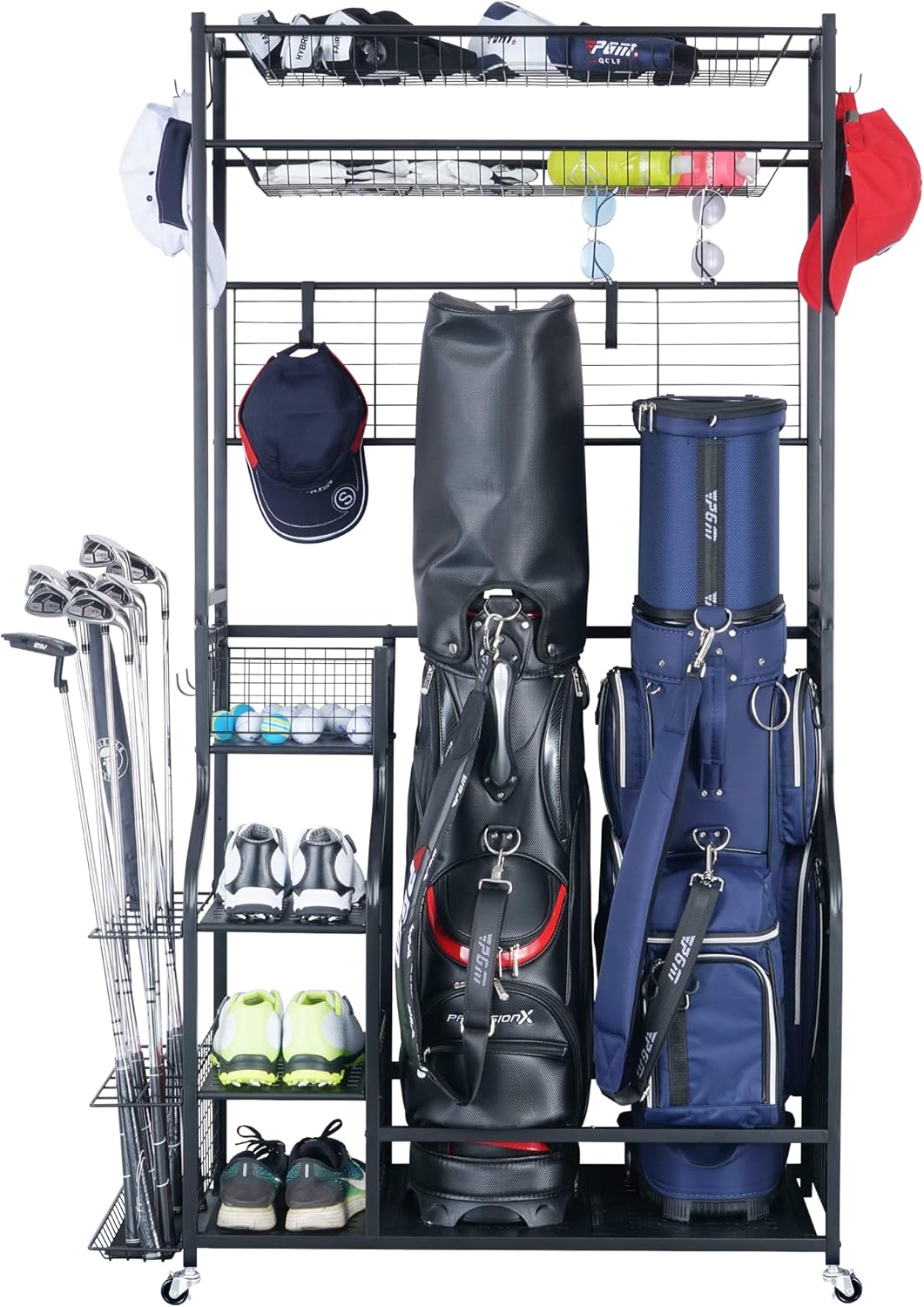 Mythinglogic Golf Bag Storage Organizer - 2-Bag Stand with 4 Removable Hooks for Golf Equipment