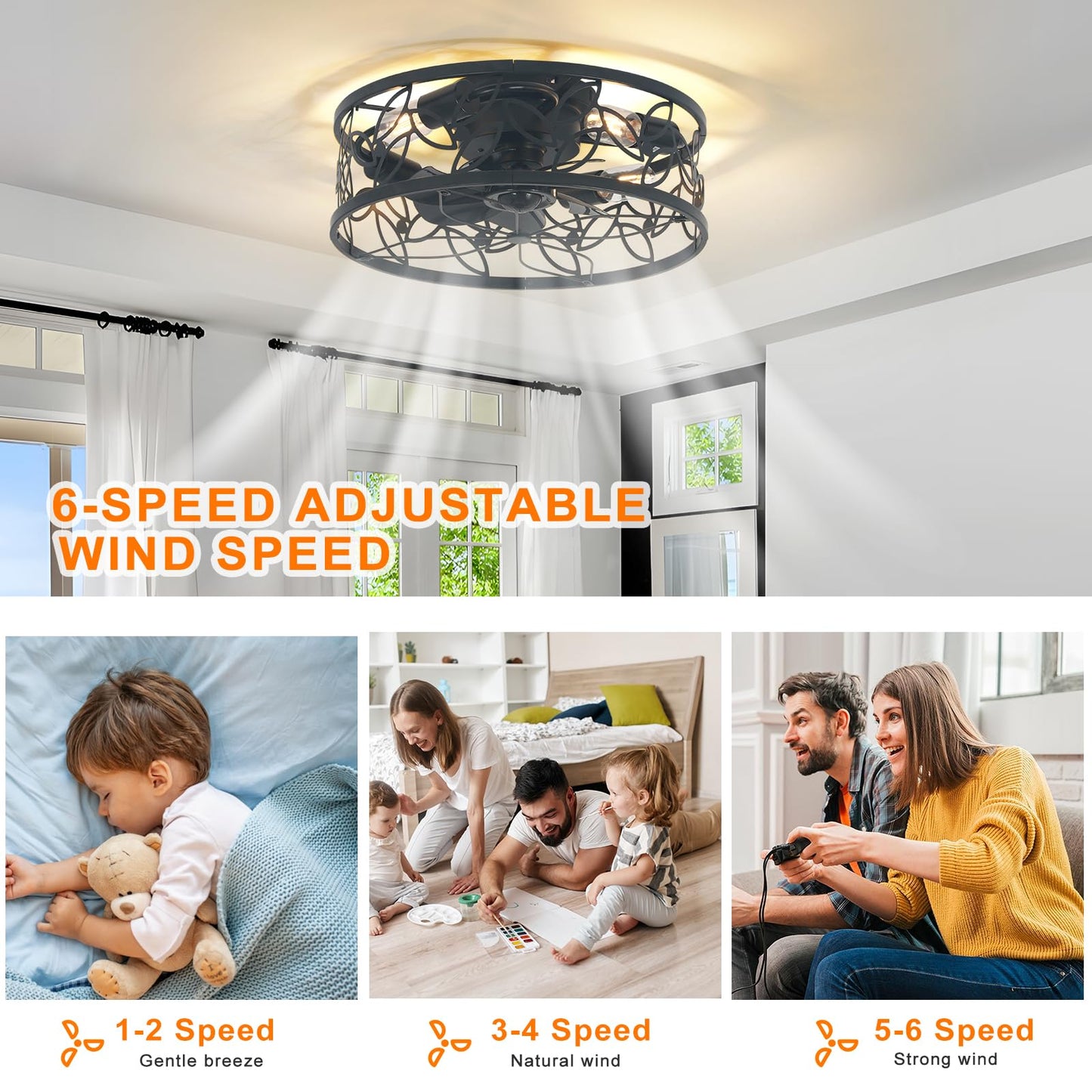 Garwarm 18in Caged Ceiling Fan with Light,Rustic Farmhouse Ceiling Fans with Lights and Remote,Bladeless Black Fandelier Ceiling Fan,Small Flush Mount Ceiling Fan for Kitchen, Bedroom（6 Speed, Timing）