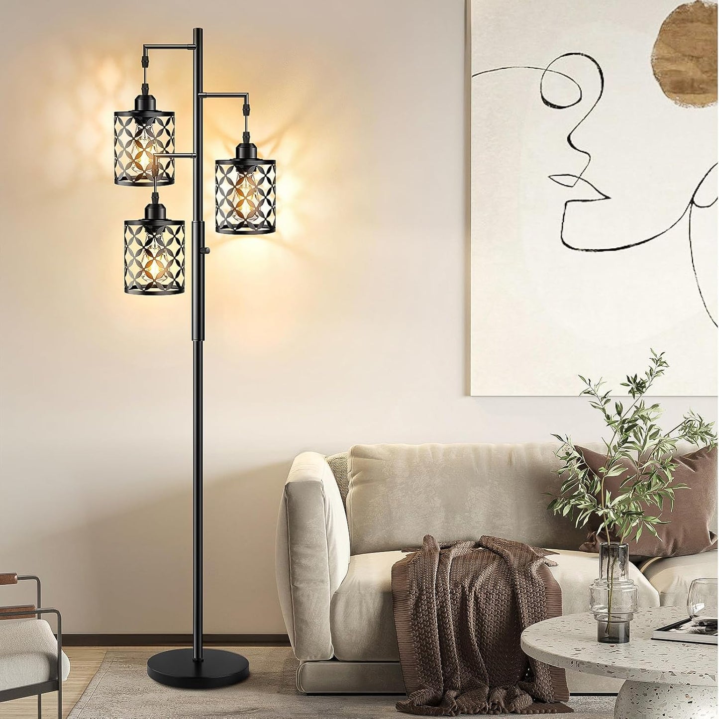 Industrial Farmhouse Dimmable Floor Lamp - 68” Tall Standing Light with Metal Cage for Living Room, Bedroom, Office - 2000LM LED Bulbs Included