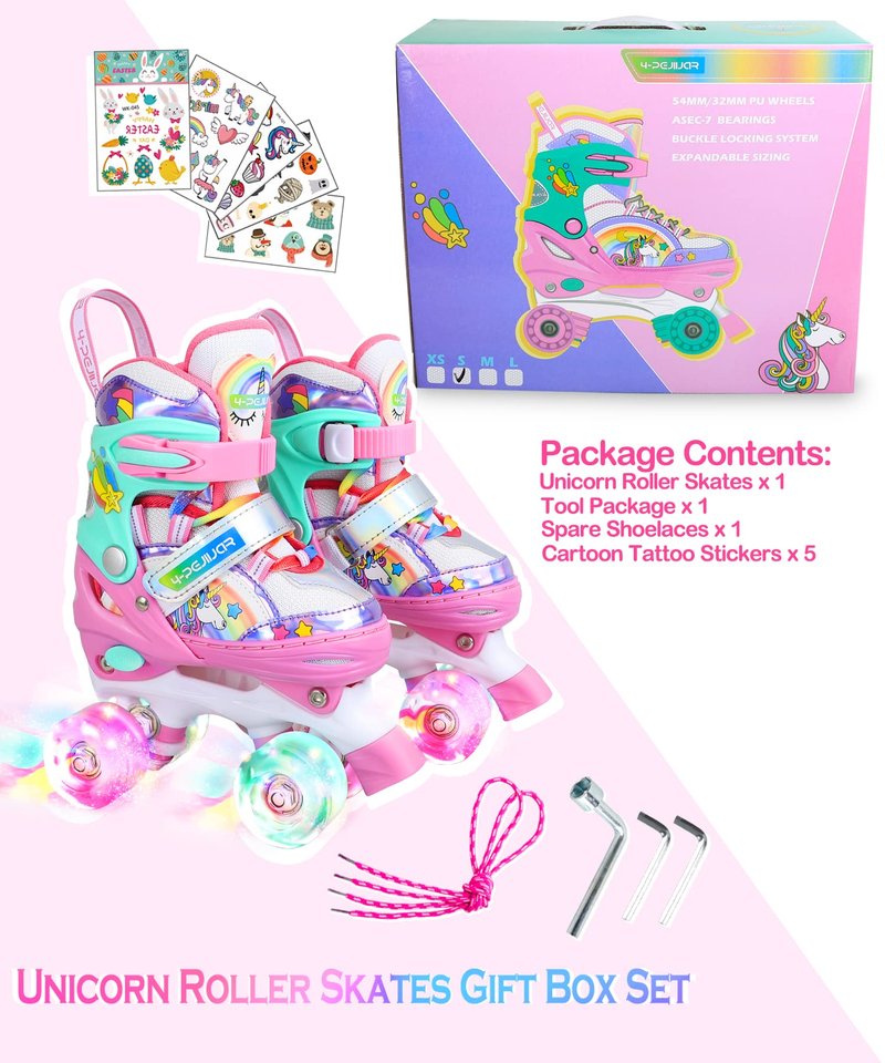 Rainbow Unicorn Kids Roller Skates for Girls Boys Toddler Ages 5-8,4-Pejiijar Adjustable Roller Shoes with Luminous Wheels for Birthday Xmas Gifts.