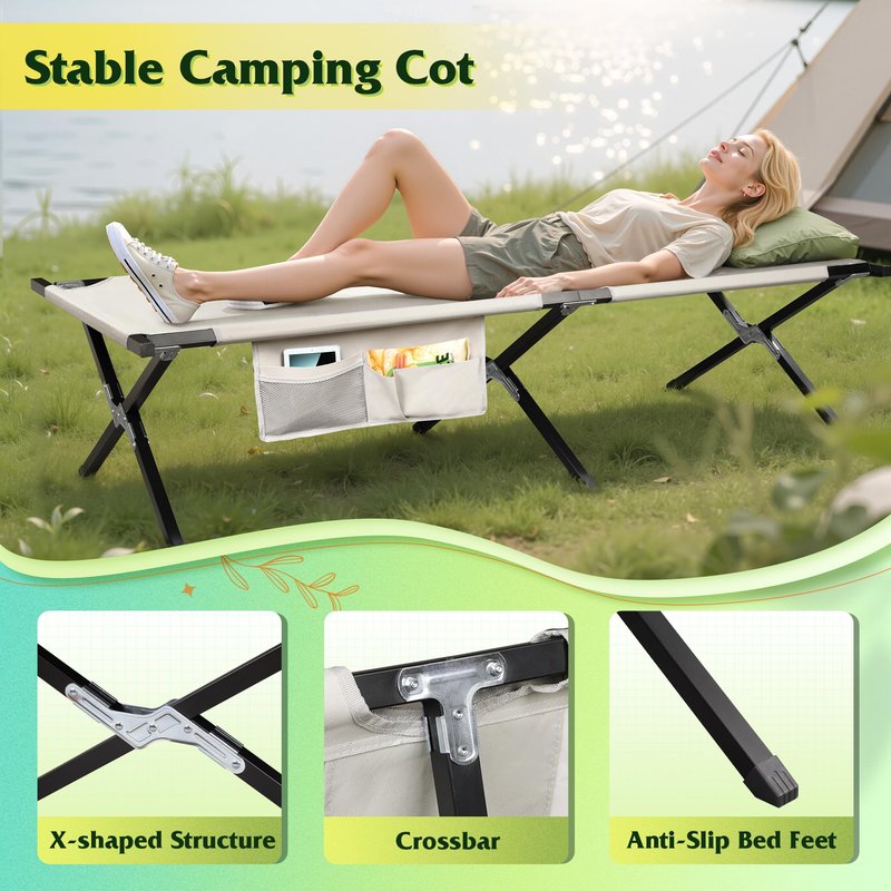 WLIVE Military Camping Cot, Portable Folding Cots for Sleeping with Carry Bag, Outdoor Camping Bed for Adults with Side Pocket, Support 300 Lbs, Silver Greige
