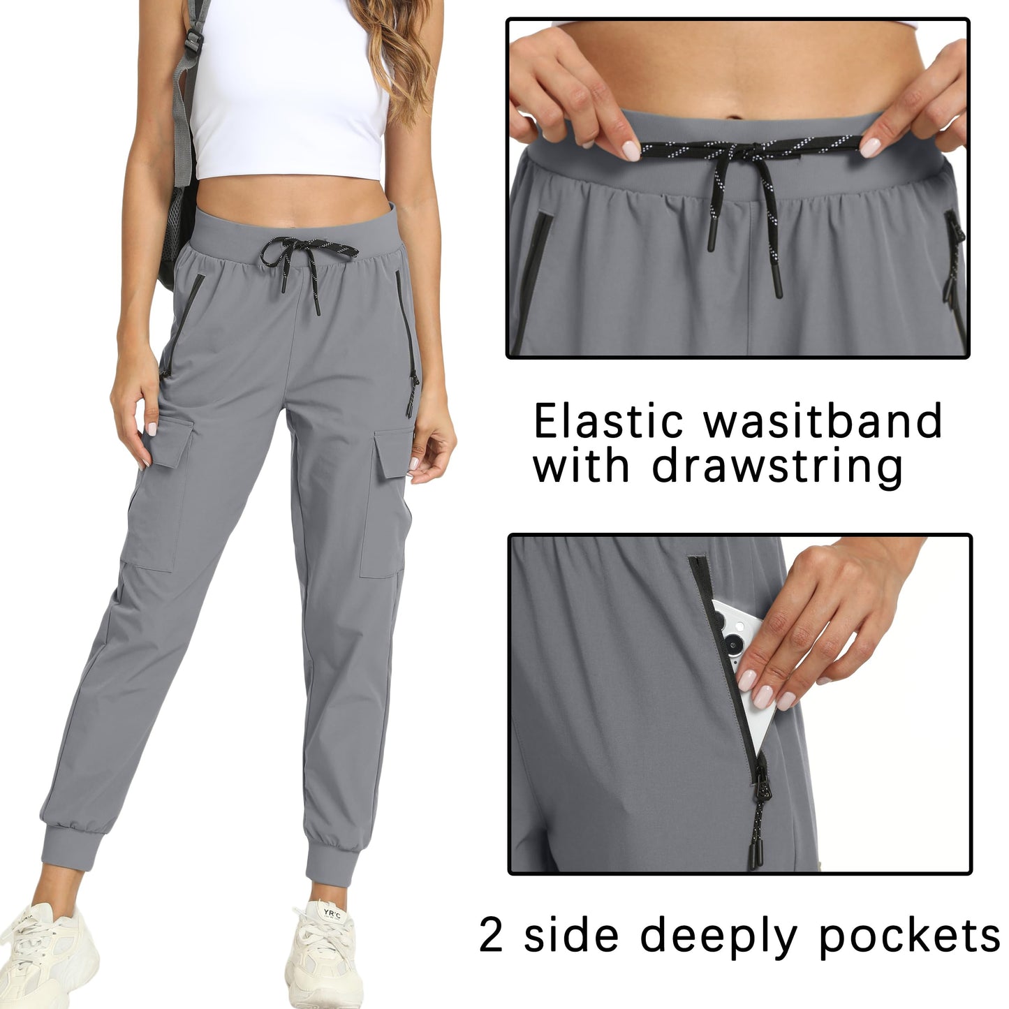 Rrosseyz Womens Cargo Pants with Pockets-Lightweight Quick Dry Water Resistant Hiking Pants for Travel Casual Athletic and Outdoor(Light Grey,M)