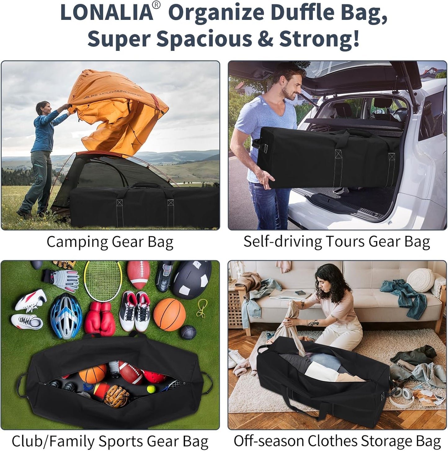 Skiennix 48-Inch Duffle Bag - Extra Large 165L Heavy Duty Travel & Camping Storage Bag | Black