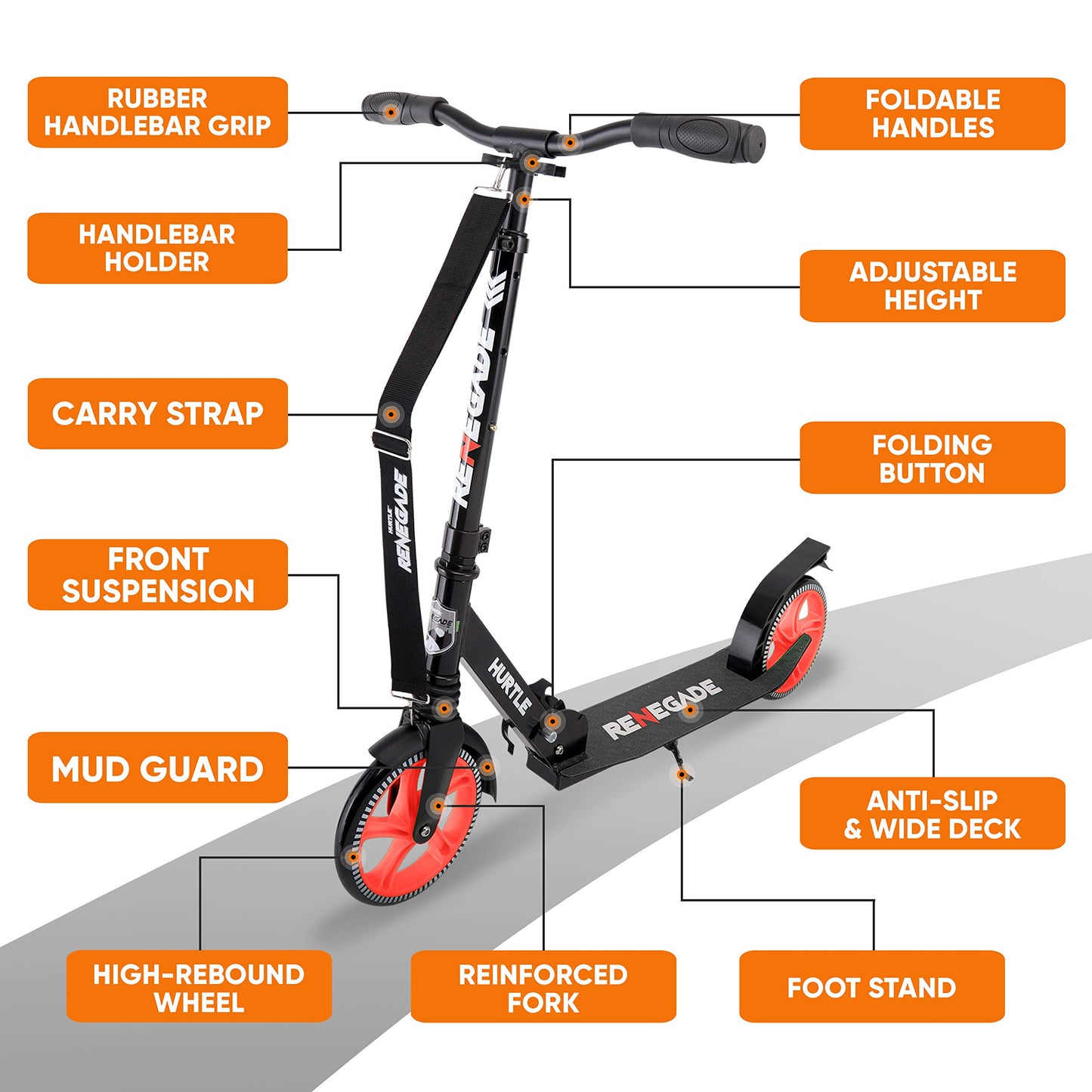 Hurtle Two Wheel Scooter for Teens, Smooth Gliding Kick Scooter for Adults w/ Adjustable Height for Ages 8+, Portable All Terrain Scooter w/ Carry Straps, Easy to Fold