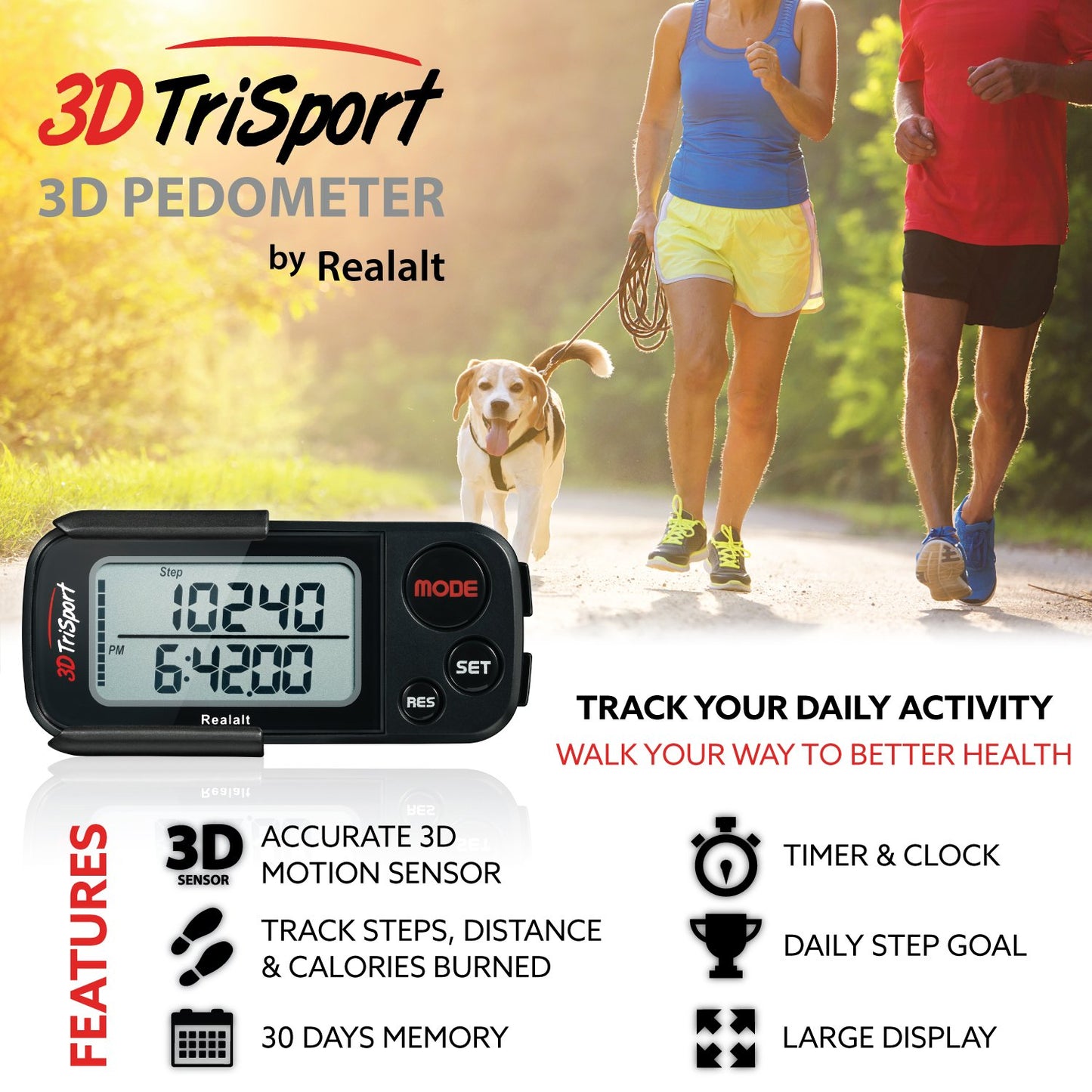 Realalt 3DTriSport 3D Walking Pedometer with Clip & Strap, Accurate Step Counter with 30-Day Memory, Distance in Miles/KM Large Display Perfect for Seniors & Beginners eBook Included - Stealth Black