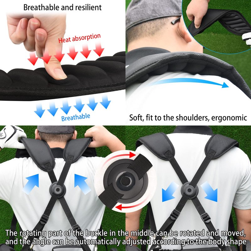 CRAFTSMAN GOLF Swivel Self-Adjusting Adjustable 3D Thick Paded Black Golf Bag Backpack Shoulder Straps Replacement with Rotate Snap Hook Buckle