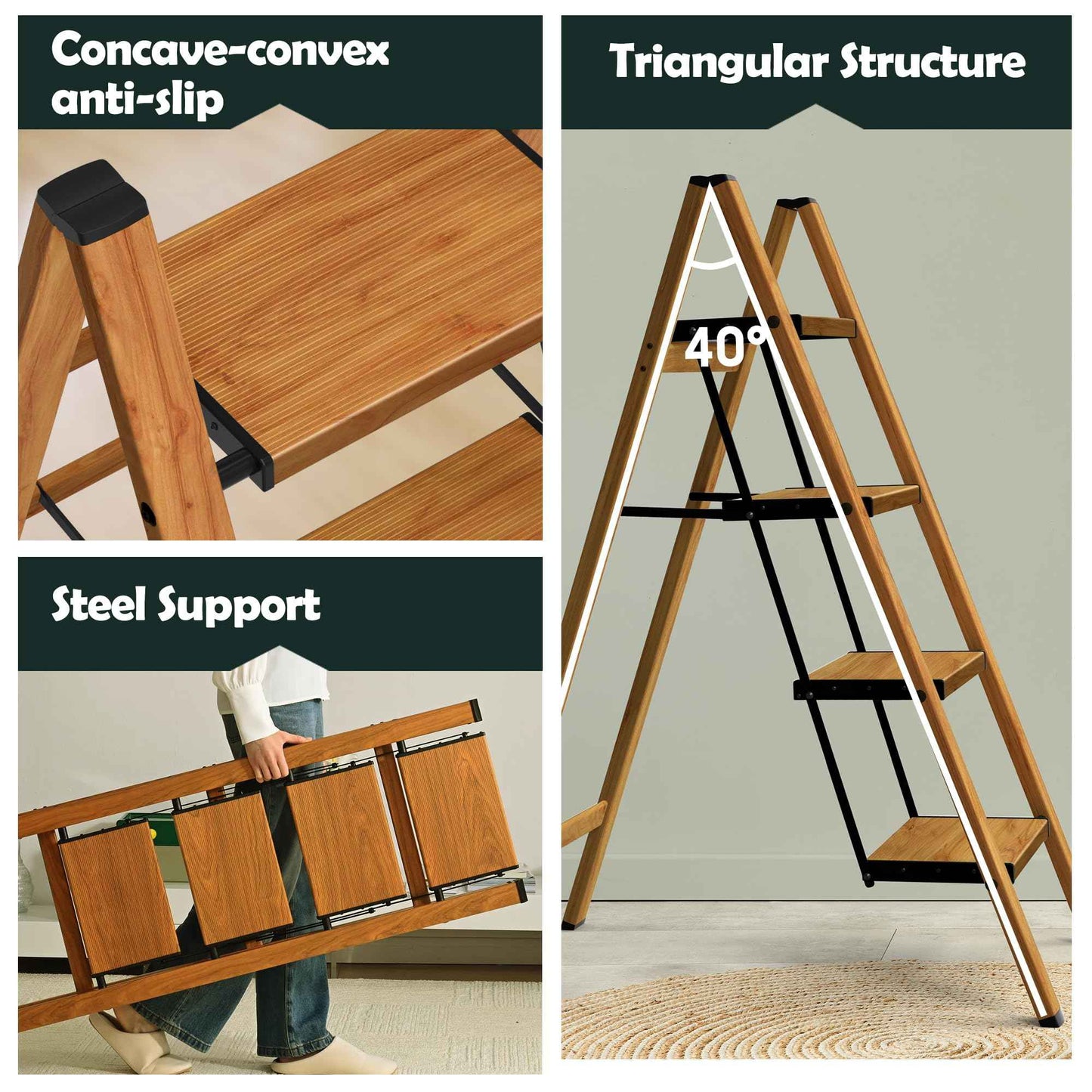 Taranta 4 Step Ladder,Aluminum Lightweight Folding 4 Step Stool with Anti-Slip Wide Pedal, 330lbs Capacity Step Ladder for Household,Kitchen,Office - Woodgrain