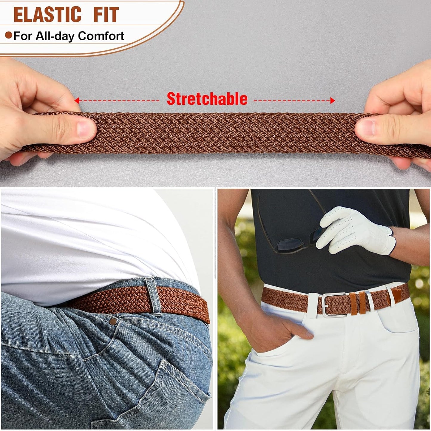 Skiennix Men's Braided Stretch Belt - Versatile for Golf, Casual Shorts & Jeans