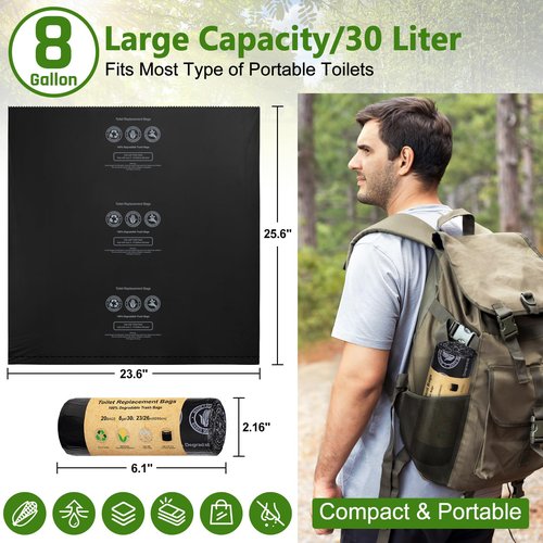 BLIKA 20 Count Camping Toilet Bags Eco Absorbent Gel Set, Portable Toilet Bags with Gel, 8 Gallon, 30 Liter, Heavy Duty 1 Mil, Toilet Replacement Bags with Toilet Powder for Camping Outdoor Hiking