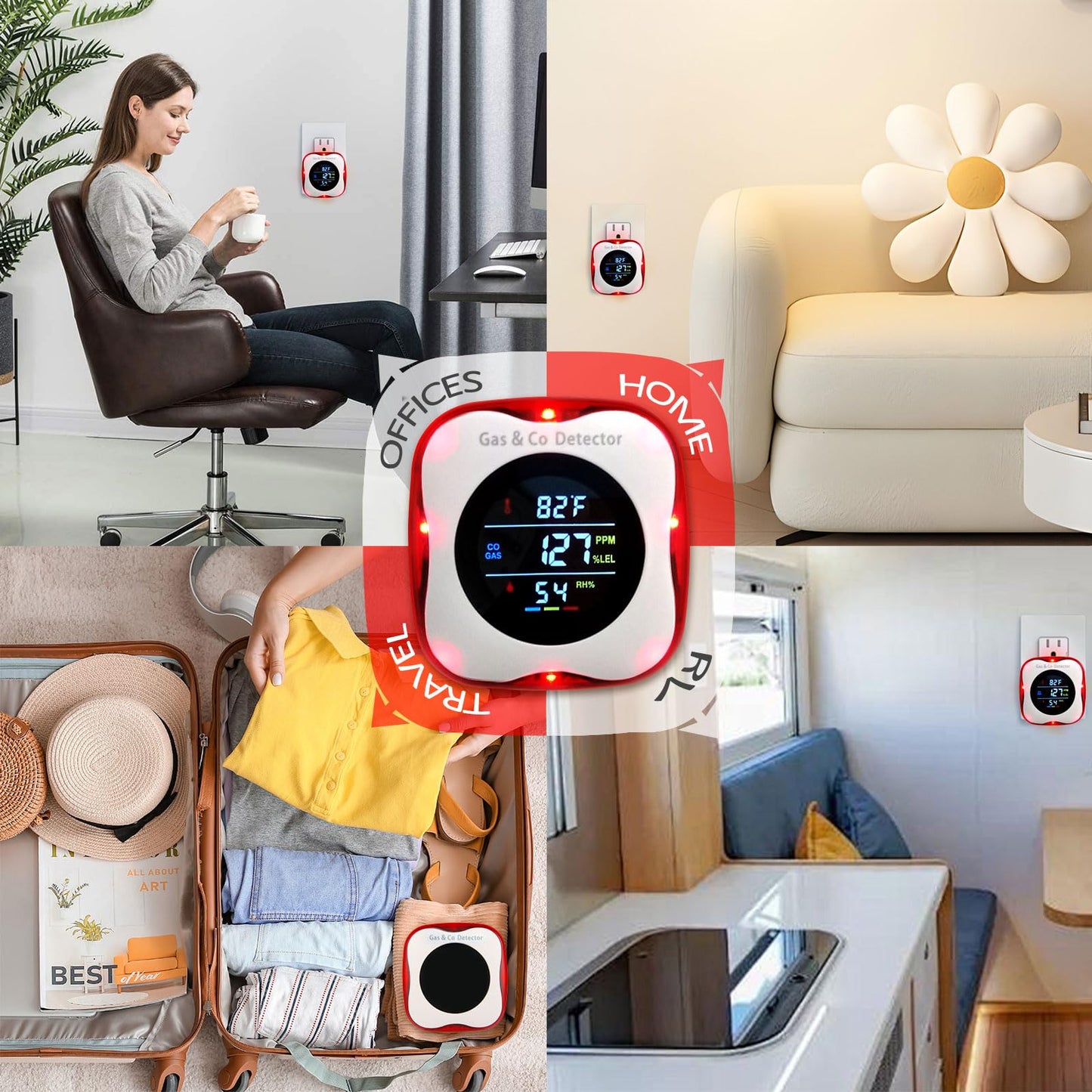 Combustible Gas & CO Detector 4-in-1 – Plug-in Natural/Propane Gas Leak Alarm with Temp & Humidity Sensor, Compact for Home, RV, Kitchen Safety