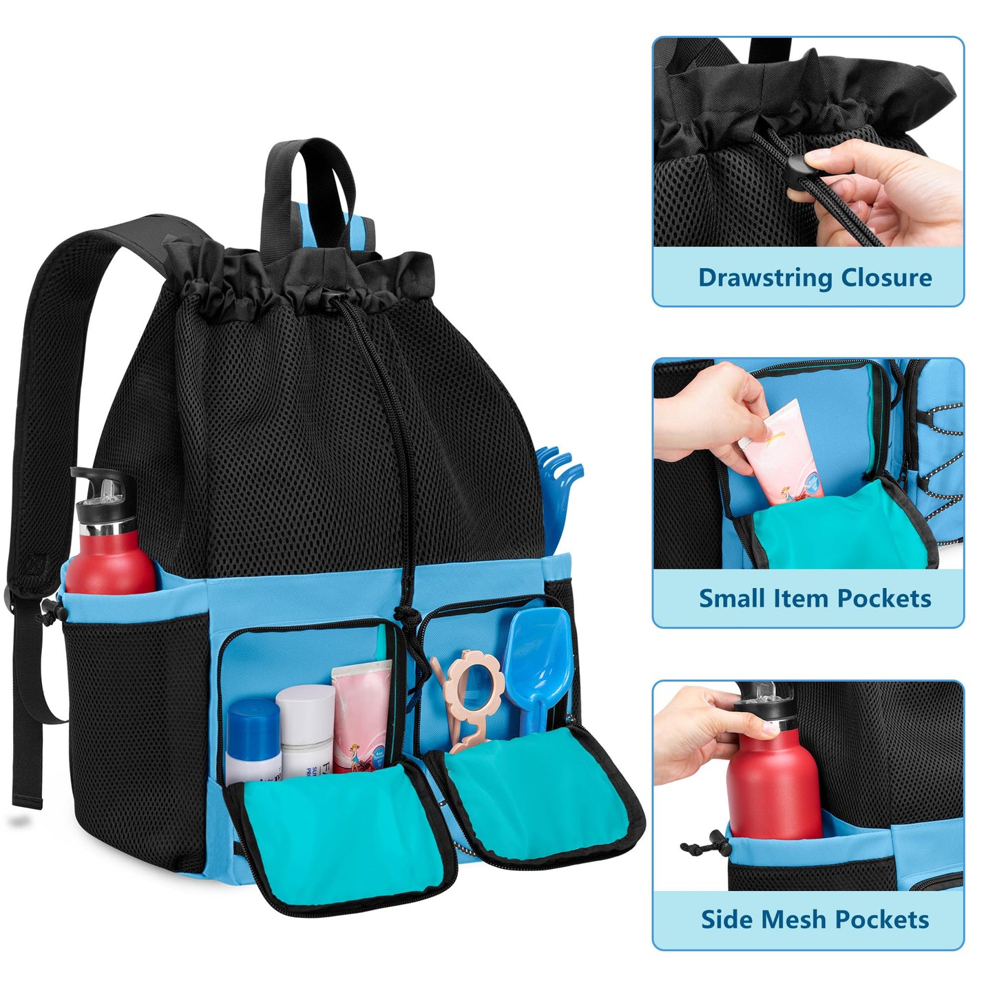 Fasrom Mesh Beach Bag Backpack with Waterproof Bag and Pocket, Large Drawstring Swim Backpack for Travel, Gym and Pool Sports, Blue (Patent Design)