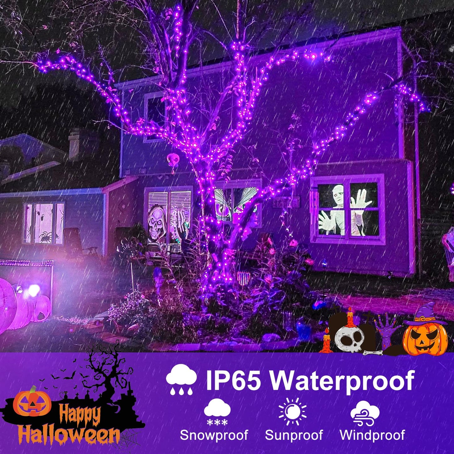 Nielfoi Purple Halloween Lights, 66FT 200 LED Halloween Lights Outdoor with 8 Modes Waterproof, Connectable String Light Indoor Green Wire for Tree Garden Patio Party Holiday Decorations