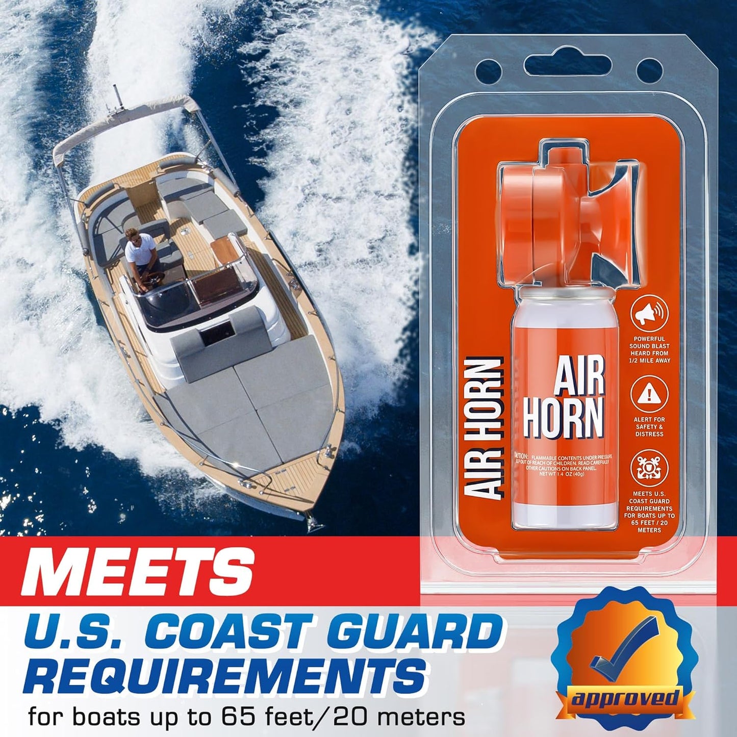 Air Horn | 1.4oz 122dB Loud Marine Safety Horn - Heard Up to 1/2 Mile, US Coast Guard Approved