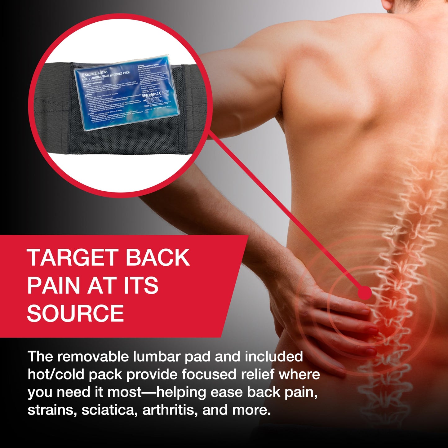 MUELLER Sports Medicine 4-in-1 Lumbar Back Brace with Hot/Cold Pack, Ideal for Upper and Lower Back Pain, Relief & Support for Men and Women, Strains, Sciatica, Scoliosis, Black, One Size