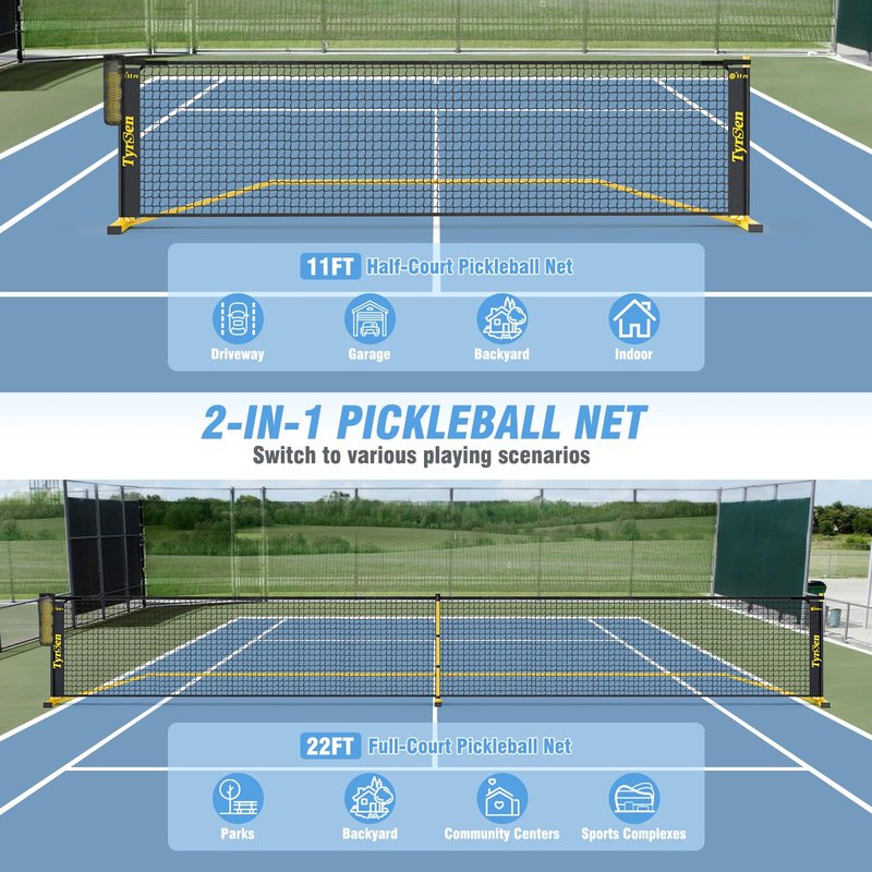 TYRSEN Portable Pickleball Net for Driveway, 22 FT Regulation Size & 11 FT Half Court Size Pickleball Net with Ball Collector, 2-in-1 Pickle Ball Net with Carry Bag for Outdoor Indoor Garages