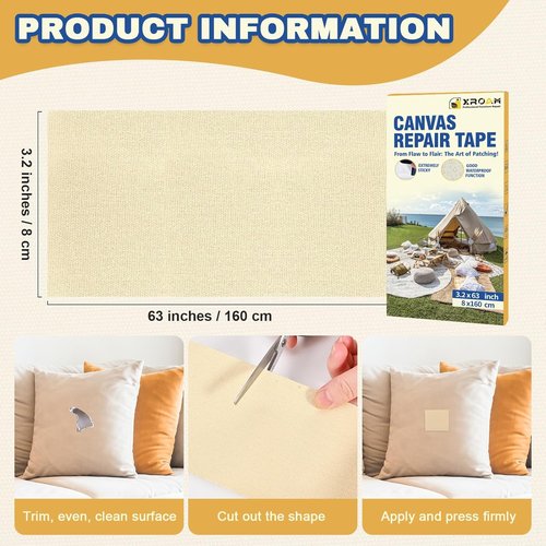 Canvas Repair Tape - 3.2 x 63 Inch Waterproof Heavy-Duty Fabric Tape for Furniture & Outdoor Use | Khaki