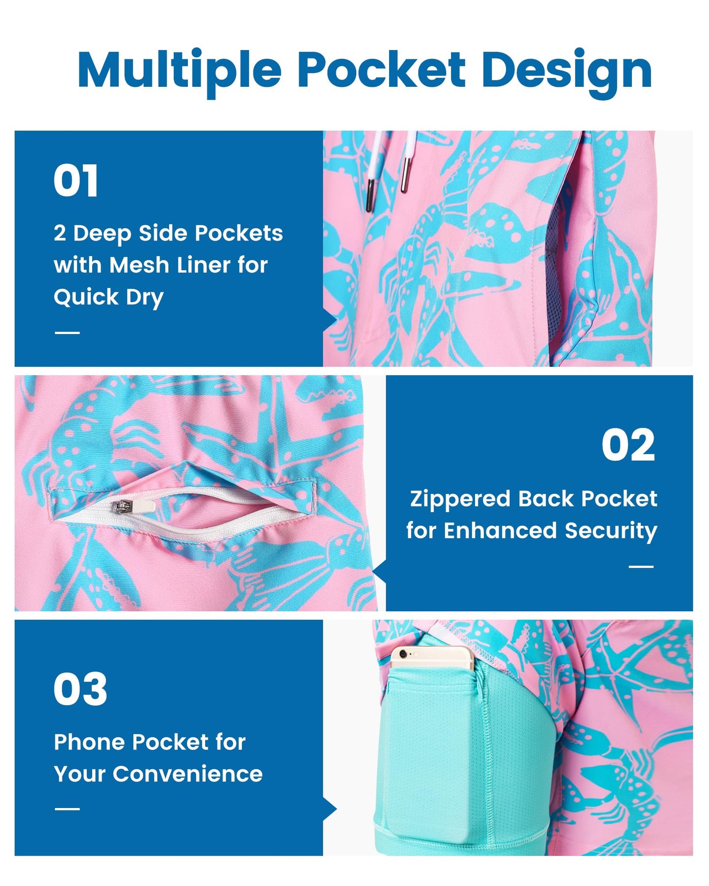 maamgic Mens Swim Trunks with Compression Liner 7 Inch Inseam Mens Bathing Suit Quick Dry Swimming Trunks Swimsuit Starfish Pink Green XX-Large