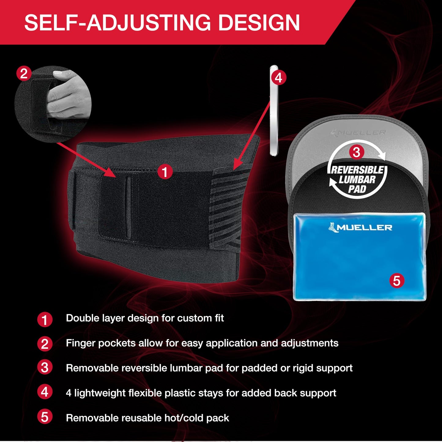 MUELLER Sports Medicine 4-in-1 Lumbar Back Brace with Hot/Cold Pack, Ideal for Upper and Lower Back Pain, Relief & Support for Men and Women, Strains, Sciatica, Scoliosis, Black, One Size