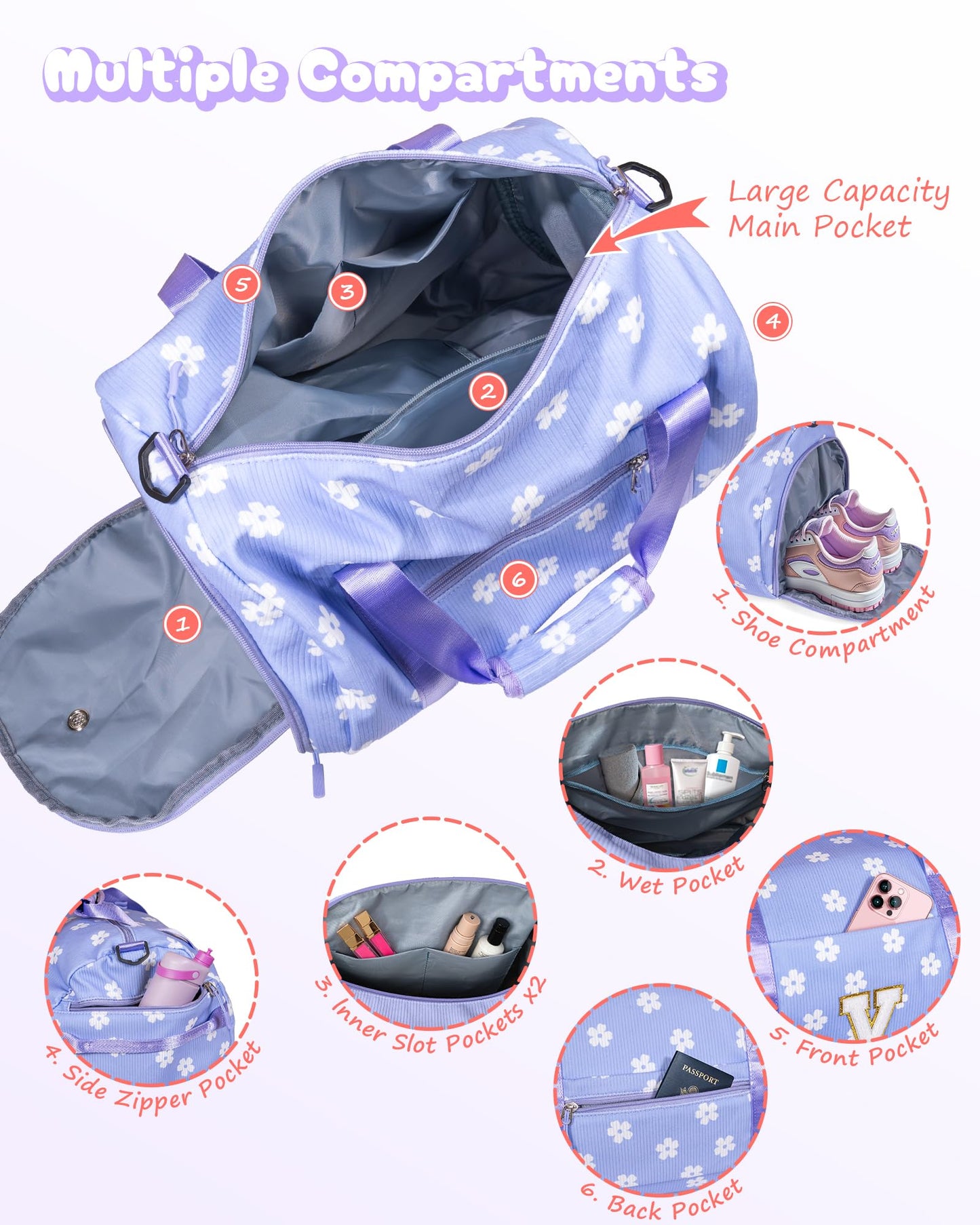 Vogewood Trip Essentials for Girl, Girls Gym Bag, Kids Personalized Dance Bags with Shoe Compartment, Customized Travel Duffle with Toiletry Bag, Cool Stuff for 8 9 10 11 12 Year Old Kid (Letter F)