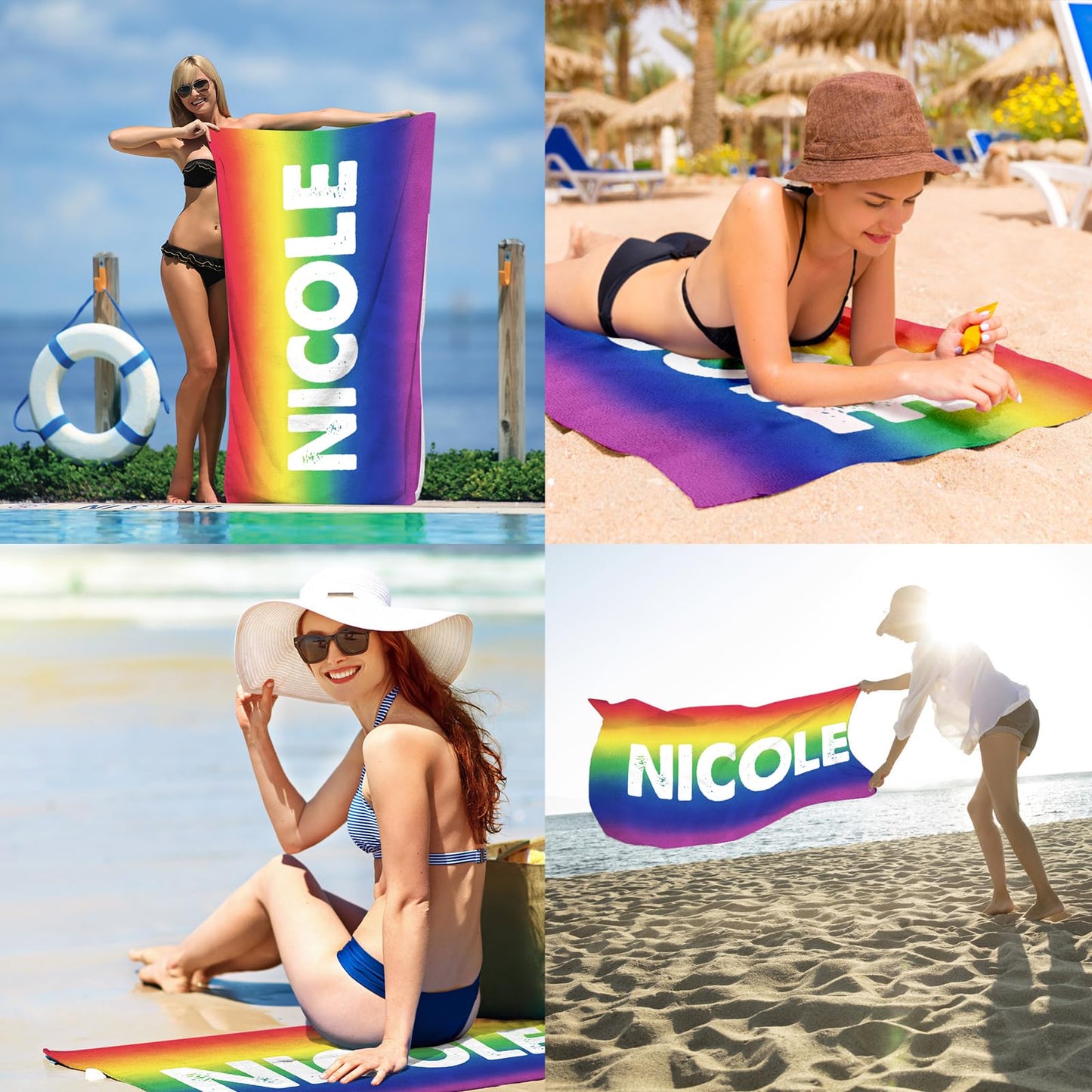 Dreamdecor Kids Personalized Beach Towel with Name, Striped Custom Beach Towels for Swimming Pool Vacation, Microfiber Sand Free Fast Drying Beach Towel - Easter Gift for Adults Women Men Kids