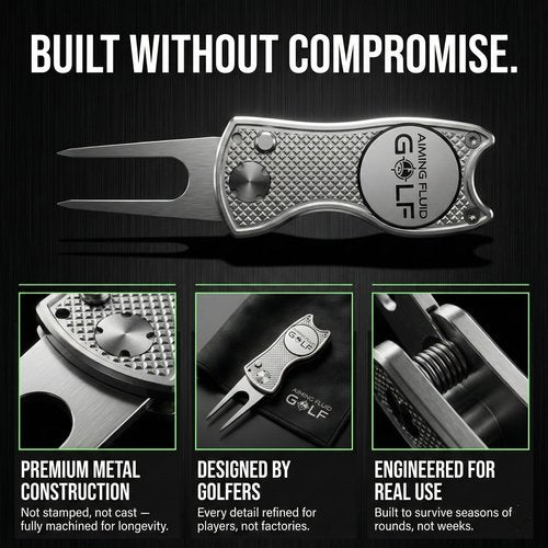 Aiming Fluid Golf Divot Repair Tool – Precision Switchblade Design, CNC-Machined Metal Body, Magnetic Ball Marker, Zero-Wobble Hinge – Premium Golf Accessory (Silver)