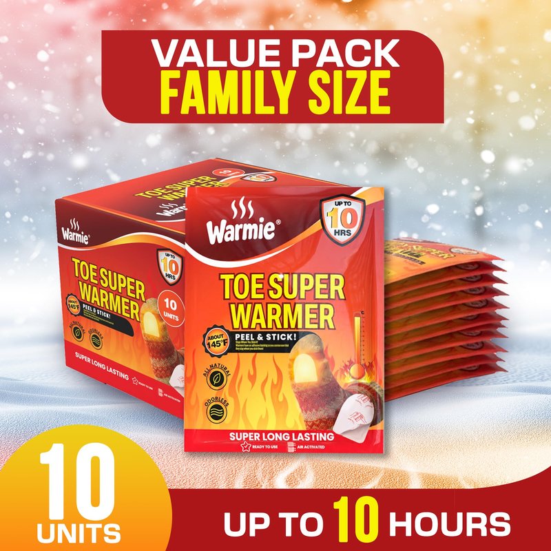 Warmie Super Toe Warmers with Adhesive Backing | Air‑Activated, Long‑Lasting | All‑Natural, Odorless, Steady Heating for Cold Weather | Safe, Instant Warmth for Shoes & Boots | 10 Pairs (20 Units)