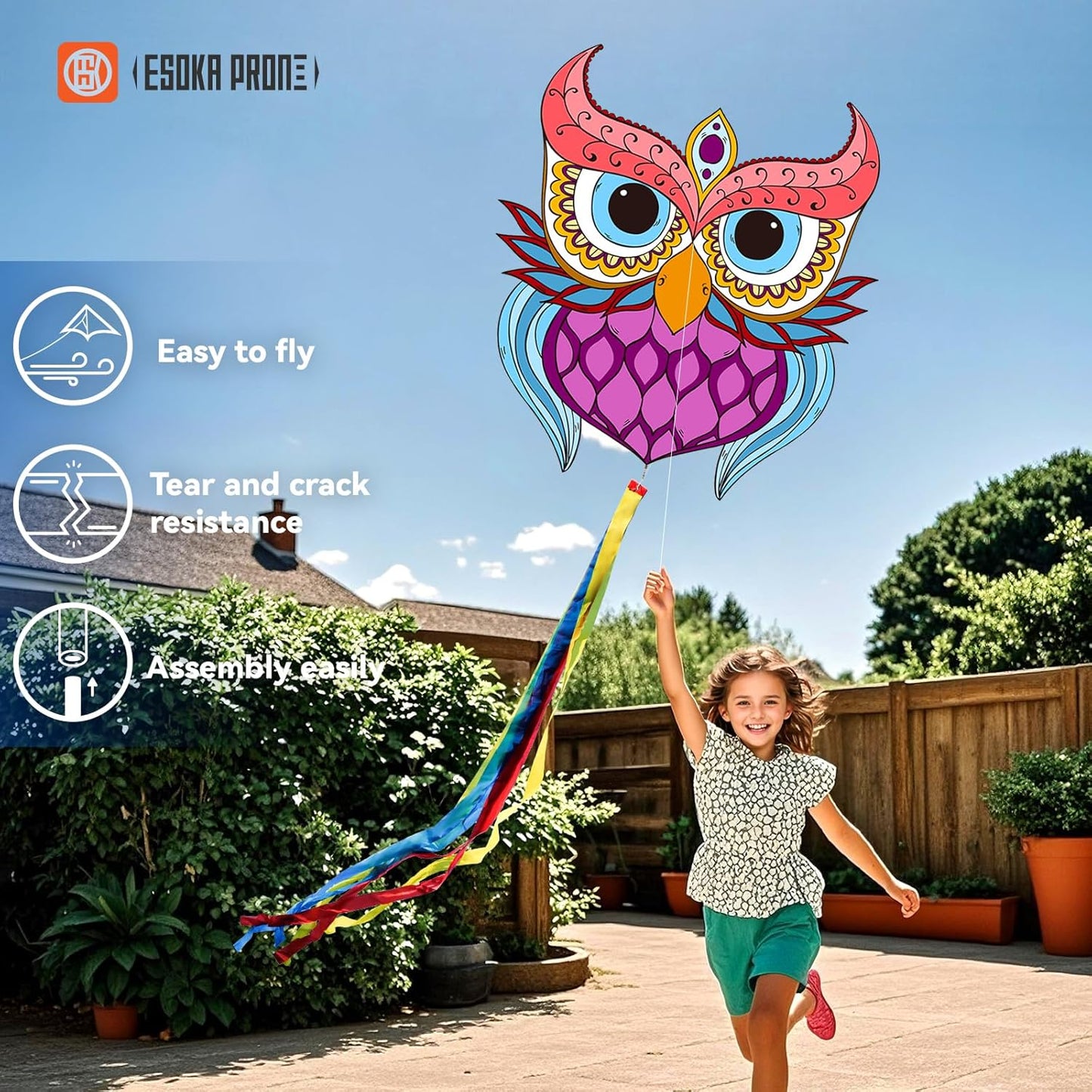 Skiennix Kites for Adults & Kids - Easy to Fly Beach Kites with 328ft String | Fun Gift for Ages 4-8 (Purple Owl, Grassland, Octopus)