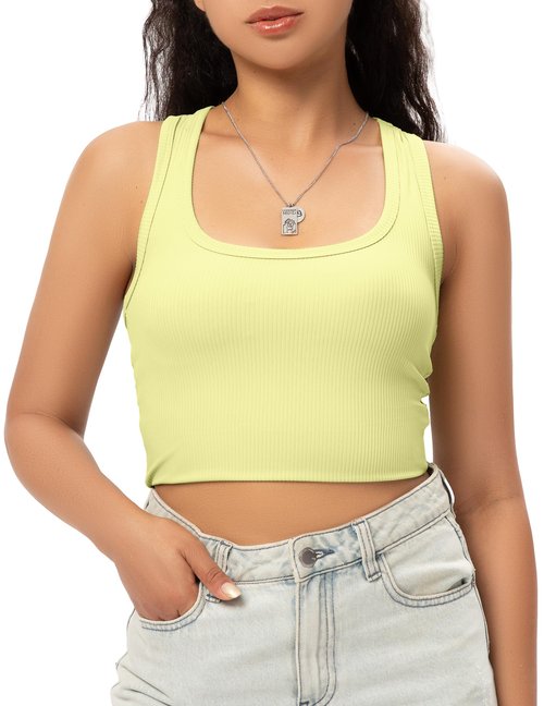 GGOV Sports Crop Tank Tops for Women Cropped Workout Tops Racerback Running Yoga Tanks Cotton Sleeveless Gym Shirts Yellow Green