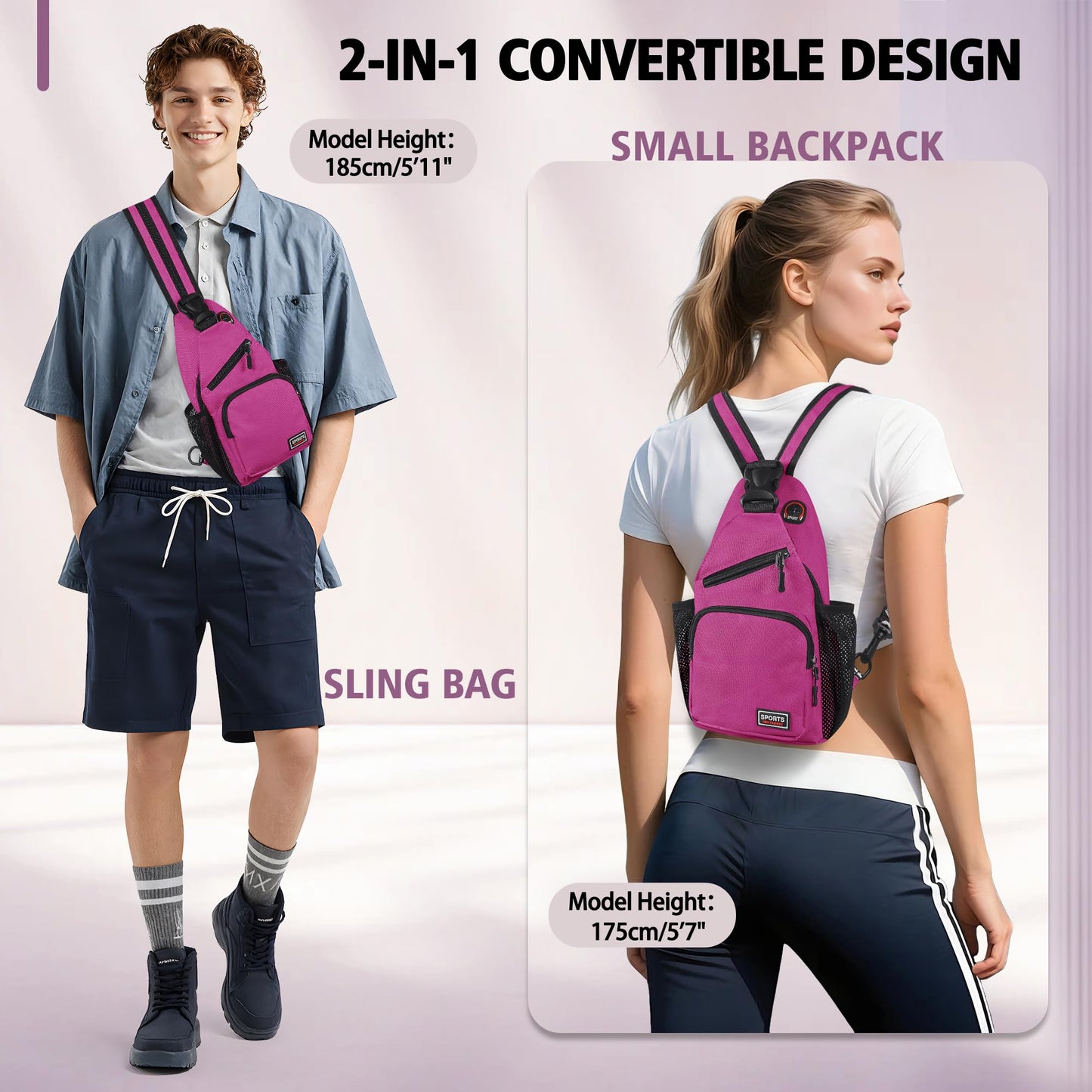 Geestock Convertible Sling Bag for Women Men, Lightweight Crossbody Backpack Daypack Chest Bag Fit 7.9" Tablet for Travel, Sport, Hiking & Commute, Purplishred, 7.09in×3.15in×12.60in