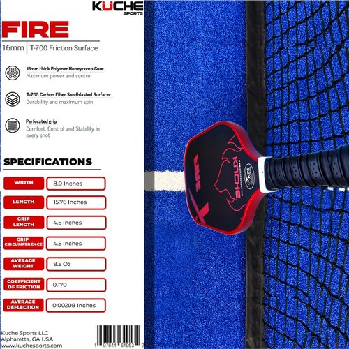 KUCHE FIRE T-700 Carbon Fiber Pickleball Paddle - Polymer Honeycomb Core -16MM Thick Sandblasted Surface for Spin & Control - USAPA Approved Pickleball Equipment for Men & Women