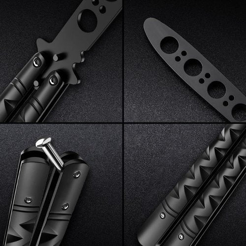 GOOD WORKER Butterfly Knife - Black Balisong Trainer with Sure Spring Latch | Full Stainless Steel Design