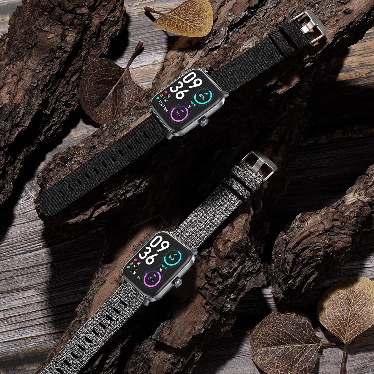 Lamshaw ID208 Plus Smart Watch Band, Breathable Nylon Woven Fabric Replacement Strap Compatible for Quican, aeac, WMK ID208 Plus 1.8 Inches Smart Watch (2 PACK-Black+Gray)