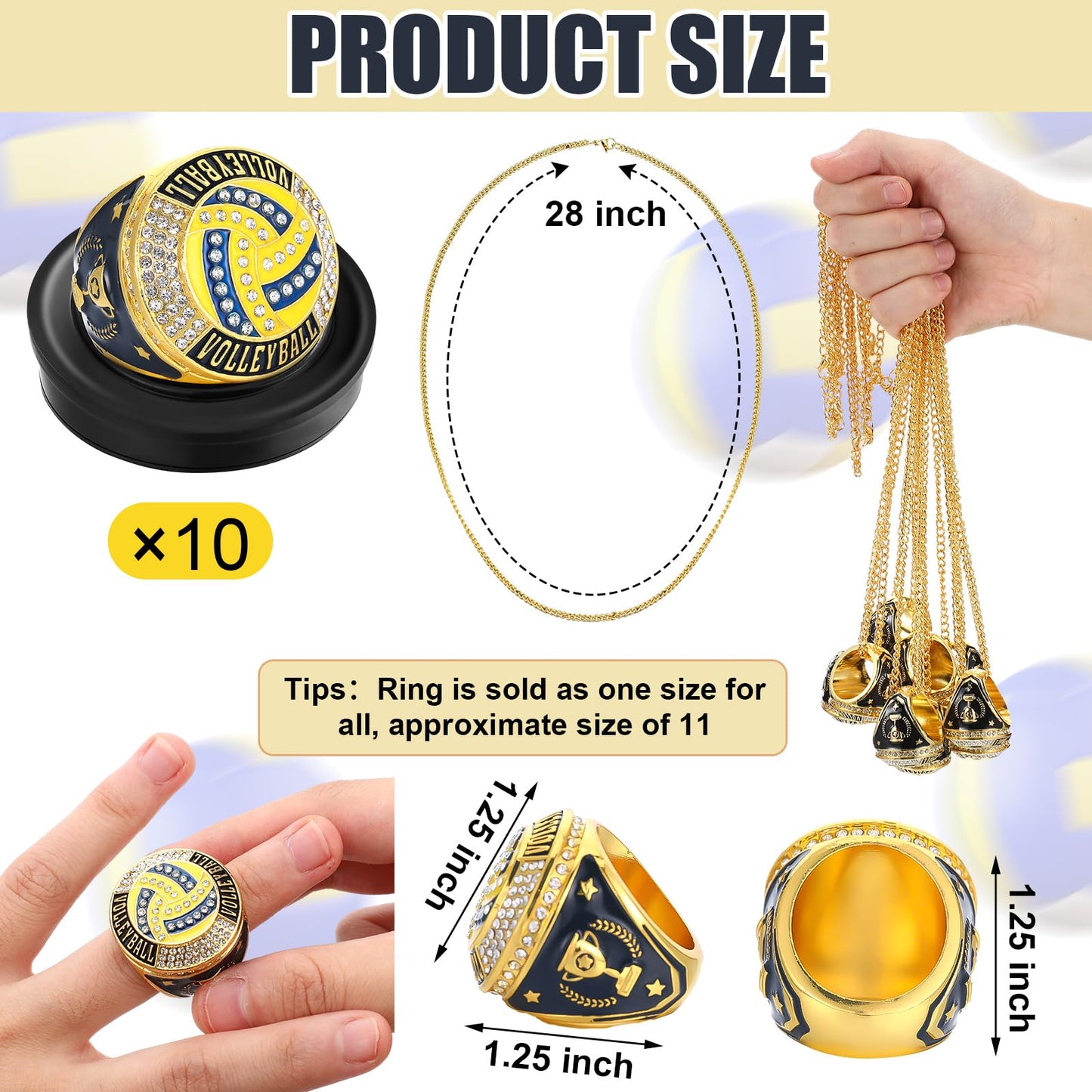 Highergo 10 Pcs Basketball Softball Baseball MVP Dancer Champion Trophy Ring with Display Stand Star Football Soccer Volleyball Golf Cheerleading Bowling Track Field(Gold,Volleyball)