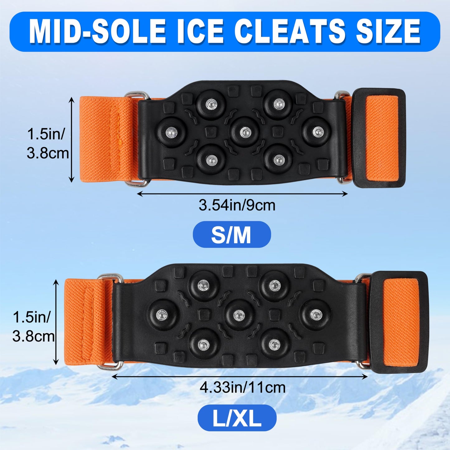 Mid-Sole Ice Cleats Crampons Snow Traction Cleats for Shoes and Boots Non-Slip Crampons with Adjustable Straps 7 Tungsten Studs for Secure Grip for Walking Jogging Hiking (Large/X-Large, 2 Pairs)