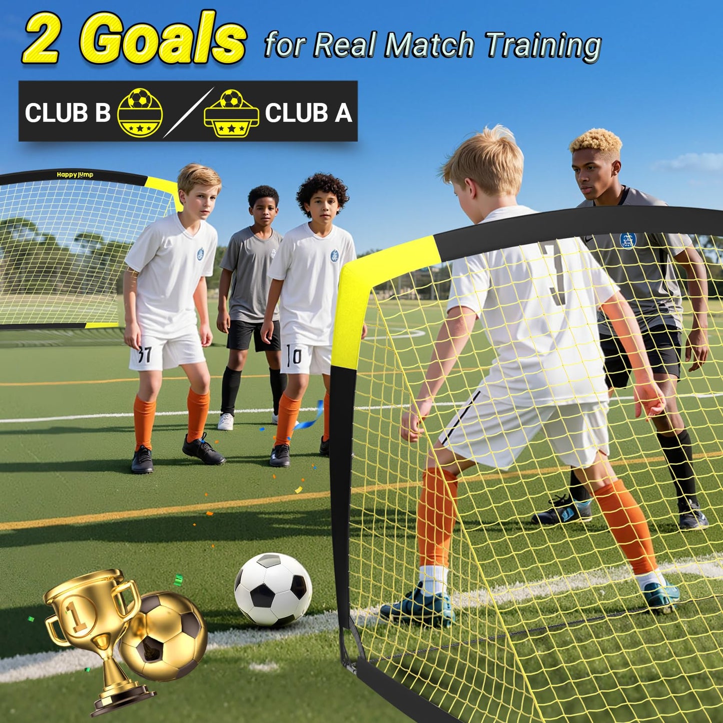 Happy Jump Folding Soccer Goal for Backyard, 2.1 x 1.5 Meters, 1.5 x 1.1 Meters, 1.2 x 0.9 Meters, 0.9 x 0.7 Metres