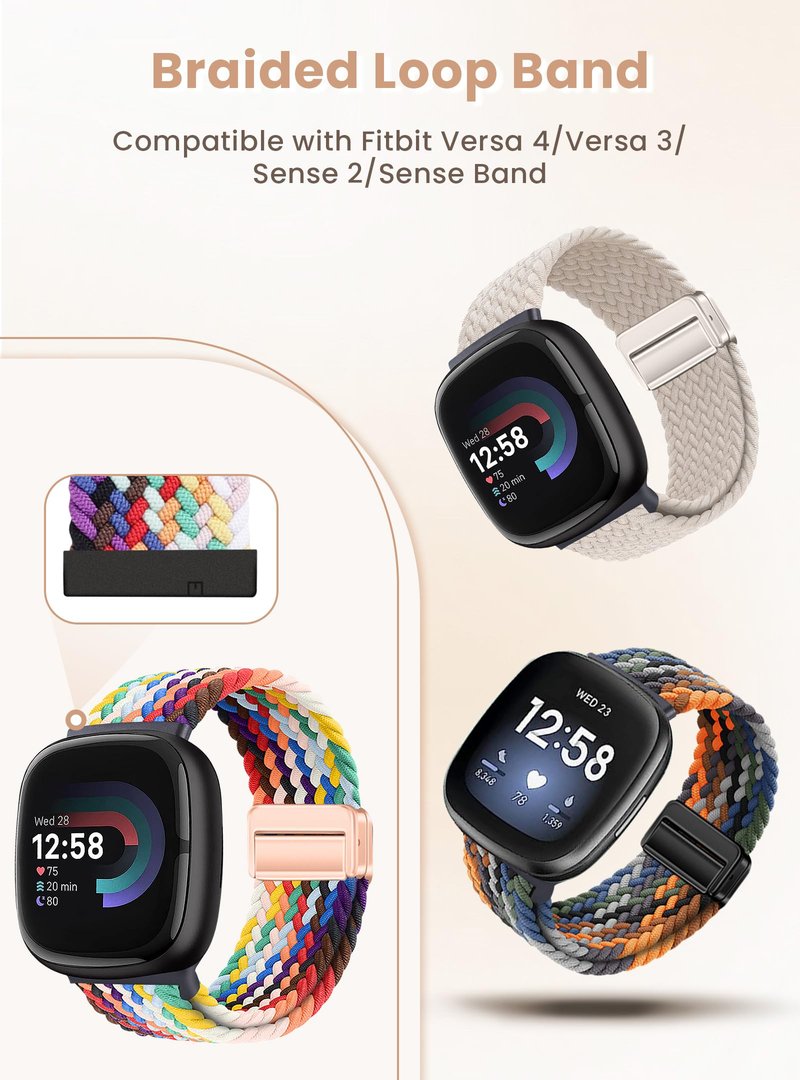 Yeahxing Braided Bands Compatible with Fitbit Versa 4/Fitbit Versa 3/Sense 2/Sense 1,Soft Stretchy Elastic Nylon Wristband Sport Loop Strap for Women Men