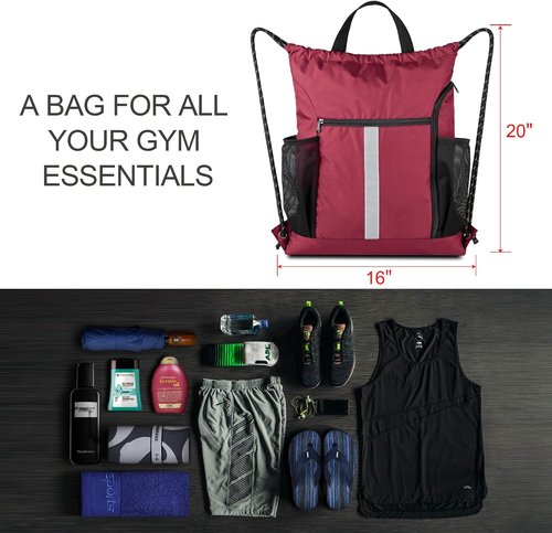 BeeGreen Gym Sack - Heavy Duty Drawstring Bag with Shoe Compartment & 2 Water Bottle Holders | Unisex
