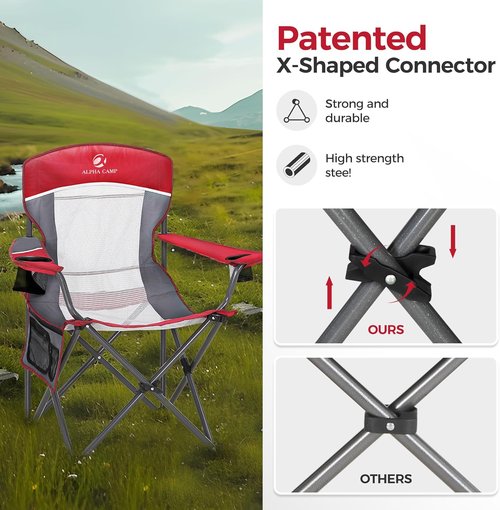 ALPHA CAMP Oversized Camping Chair - Heavy Duty 350 LBS Support | Collapsible Steel Frame, Padded Armrests, Cup Holder (Red)