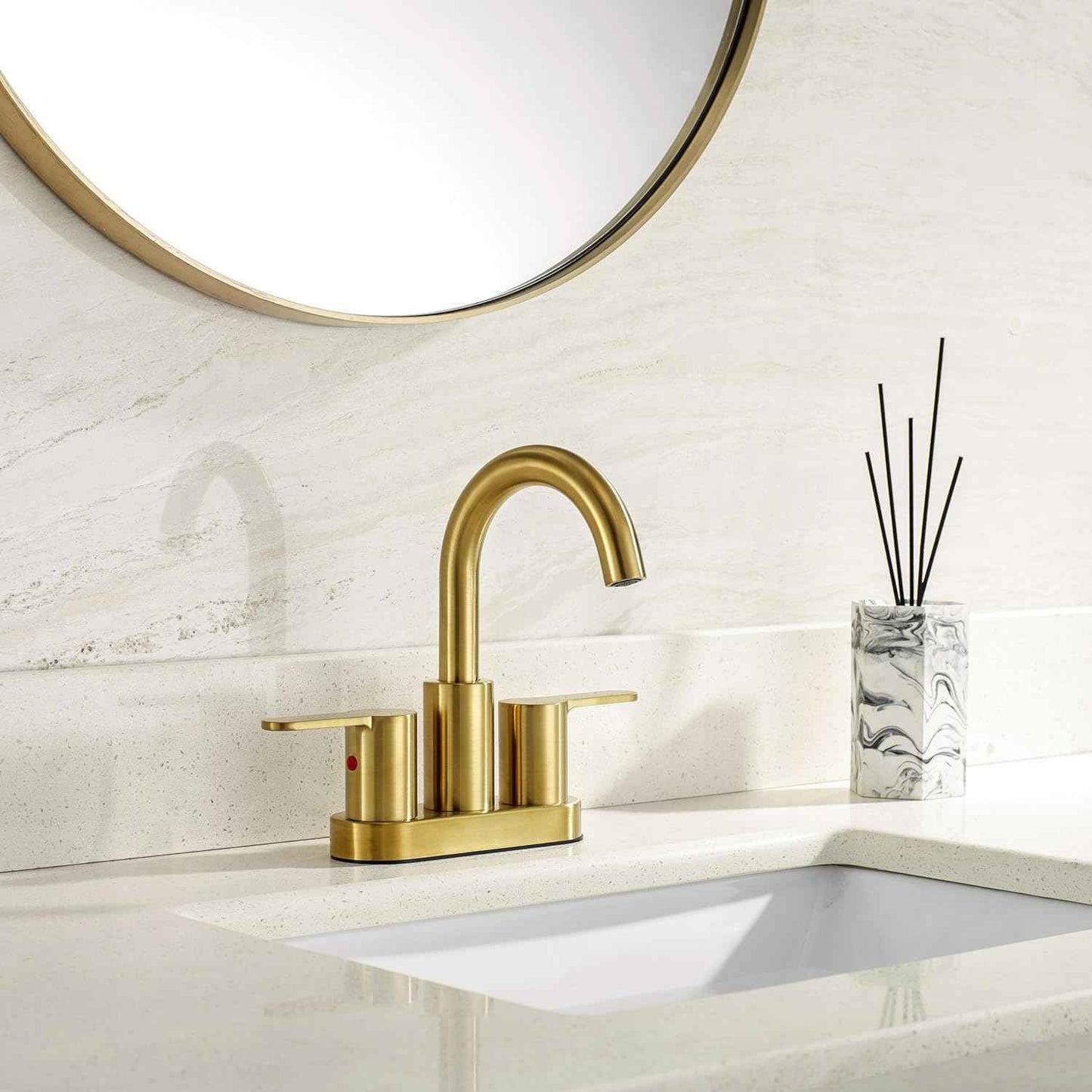 Brushed Gold Bathroom Sink Faucet - Modern 4-Inch Centerset with 360° Swivel Spout & Drain Assembly