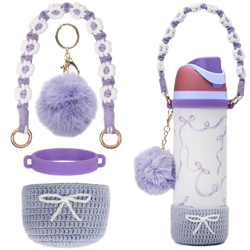 Kaitiaki Crochet Boot Set for Owala Water Bottle 24 oz - Anti-Slip Sleeve, Water Bottle Handle Strap & Crochet Handle, Fits Owala Tumbler, Perfect Owala Accessories (Purple, 24 oz)
