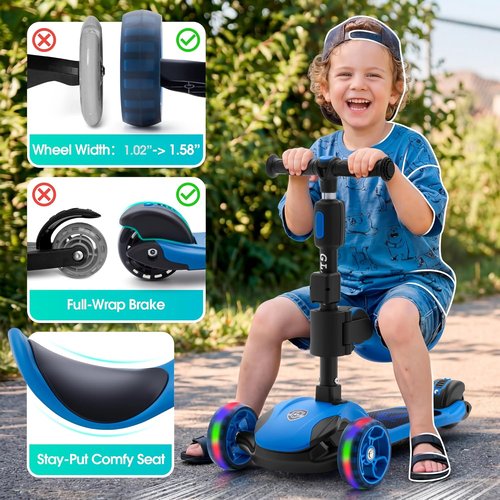 GLAMUP Kids Scooter - 2-in-1 Folding Kick Scooter with Adjustable Height & Safety Lock | For Ages 3-14