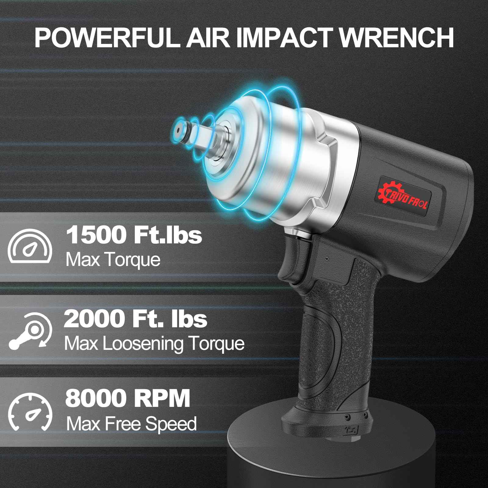 Trivd Frol Air Impact Wrench 1/2" - 1/2 Inch Impact Gun 1/2 Drive, 1500Ft-lbs, 8000RPM High Torque Impact Wrench, Weight 4.74 lb, 1/2 Air Impact Gun for Auto Repair, Tire Shop