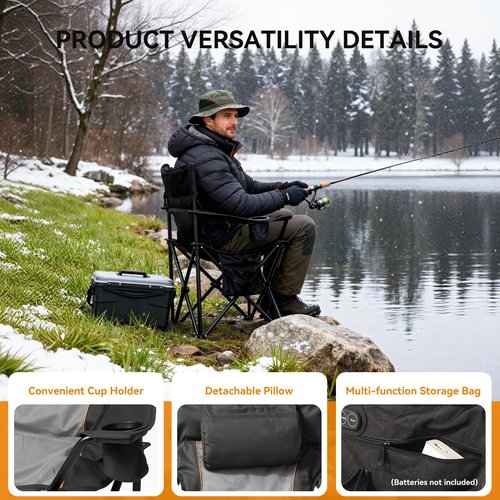 ceamorfco Heated Camping Chairs, Foldable Camping Chairs with 2 Cup Holders for Outdoor Sports,Folding Chair with 3 Heating Level for Back and Seat, Supports 400Lbs, Battery Not Include, Black & Grey