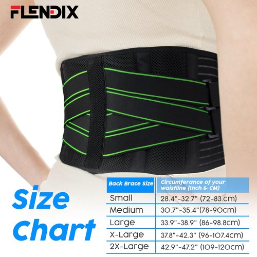 Flendix Lower Back Brace for Lower Back Pain, Breathable Back Support Belt, Lumbar Support for Men and Women, Back Brace with Adjustable Support Straps and Removable Lumbar Pad for Work & Everyday Use (Green, XL (Waist 37.8"-42.3"))