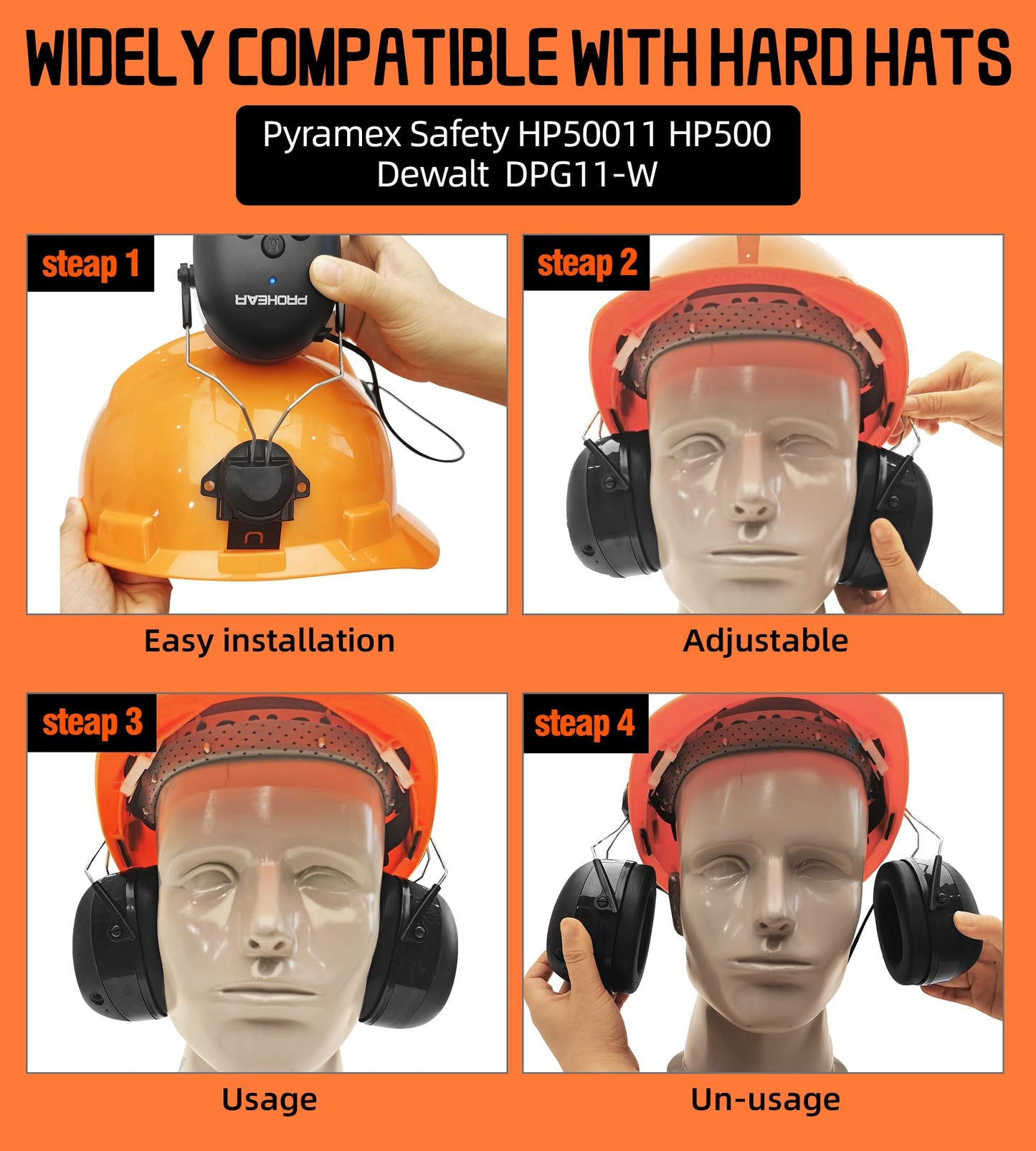 PROHEAR 037BR04 Bluetooth Hearing Protection with Adapter for 3M H-700 Hard Hats/DEWALT Hard Hat, 40H Playtime Safety Headphone for Construction Worker, Mowing - Orange
