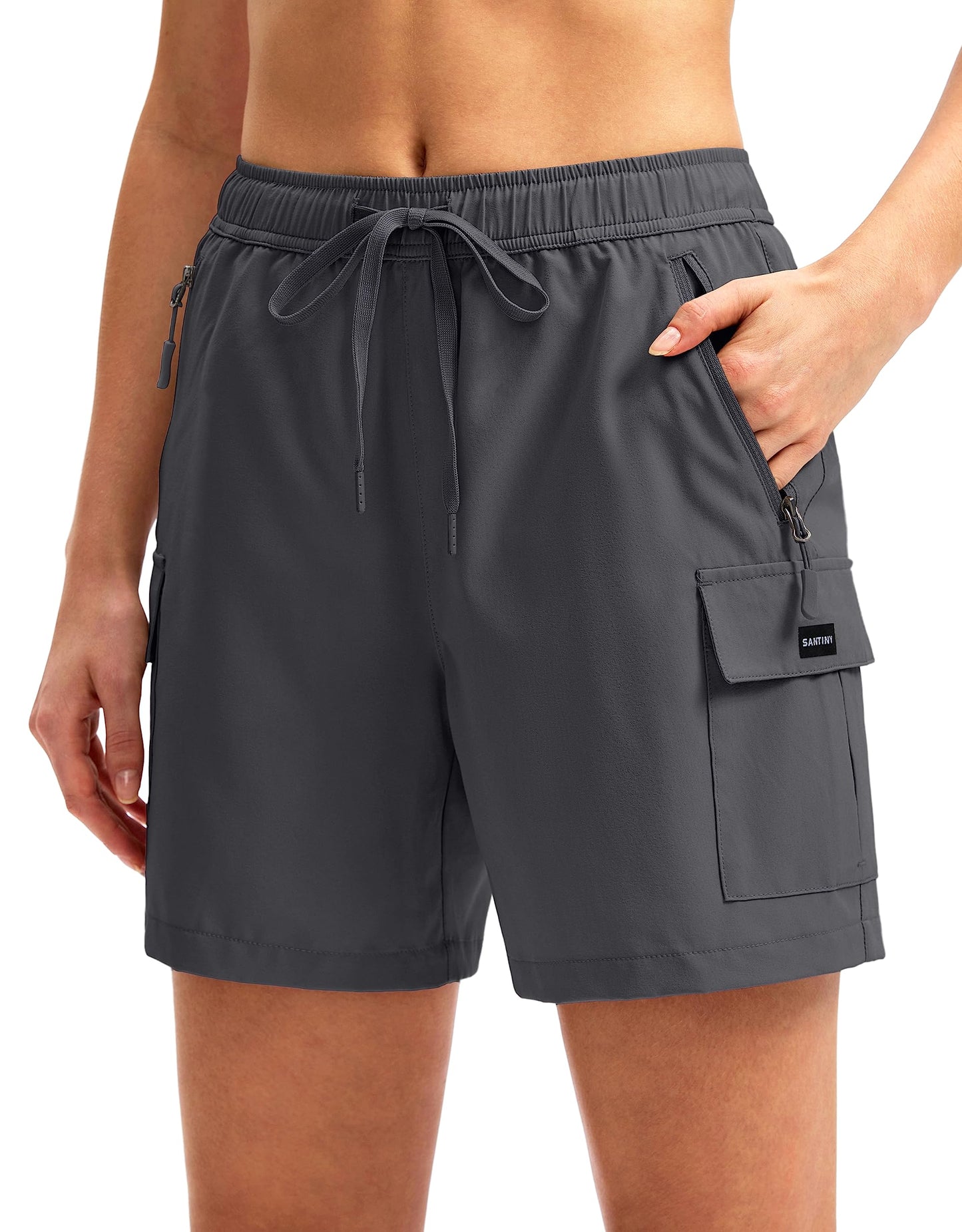 SANTINY Women's 5''/ 7''/9'' Hiking Cargo Shorts Quick Dry Lightweight Summer Shorts for Women Athletic Golf Zipper Pockets(Dark Grey_S)