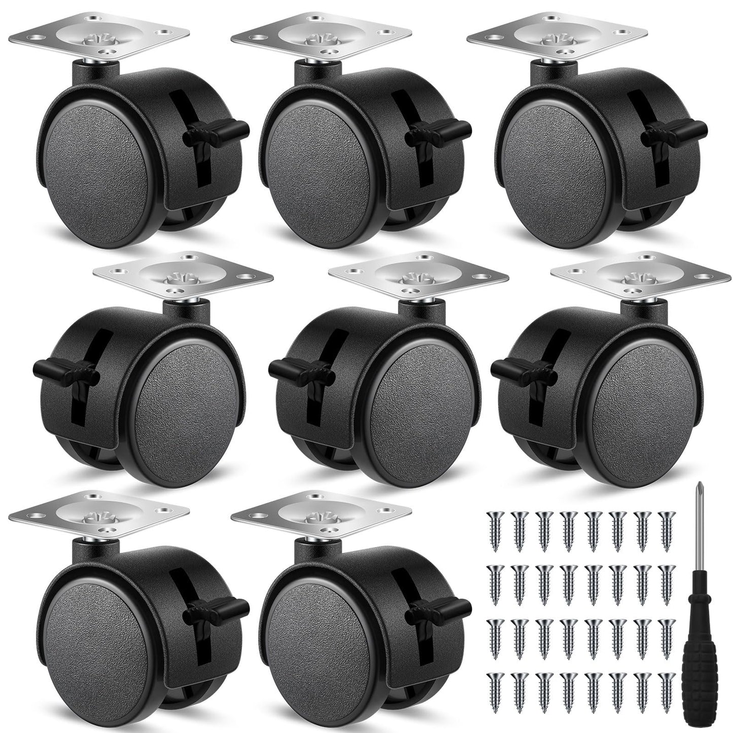Barydat 8 Pcs 1.5 Inch Plastic Furniture Wheels with Brake Swivel Replacement Wheels Small Nylon Plastic Casters for Rolling Cart Table Chair Cabinet, Black (Flat Style)