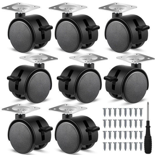 Barydat 8 Pcs 1.5 Inch Plastic Furniture Wheels with Brake Swivel Replacement Wheels Small Nylon Plastic Casters for Rolling Cart Table Chair Cabinet, Black (Flat Style)
